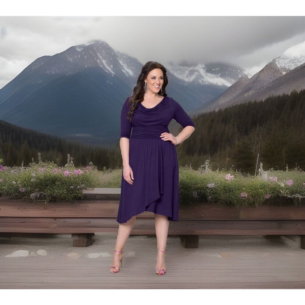 Kiyonna Dress Purple Draped In Class Cowl Neck Tulip Hem Empire Waist Size 10-12